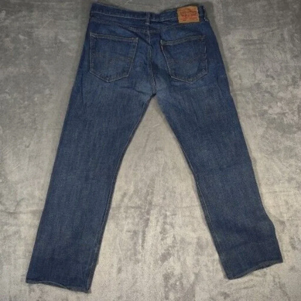 Levis Jeans Mens 36x28 Dark Wash Original Fit Button Fly Denim‎ Distressed *
